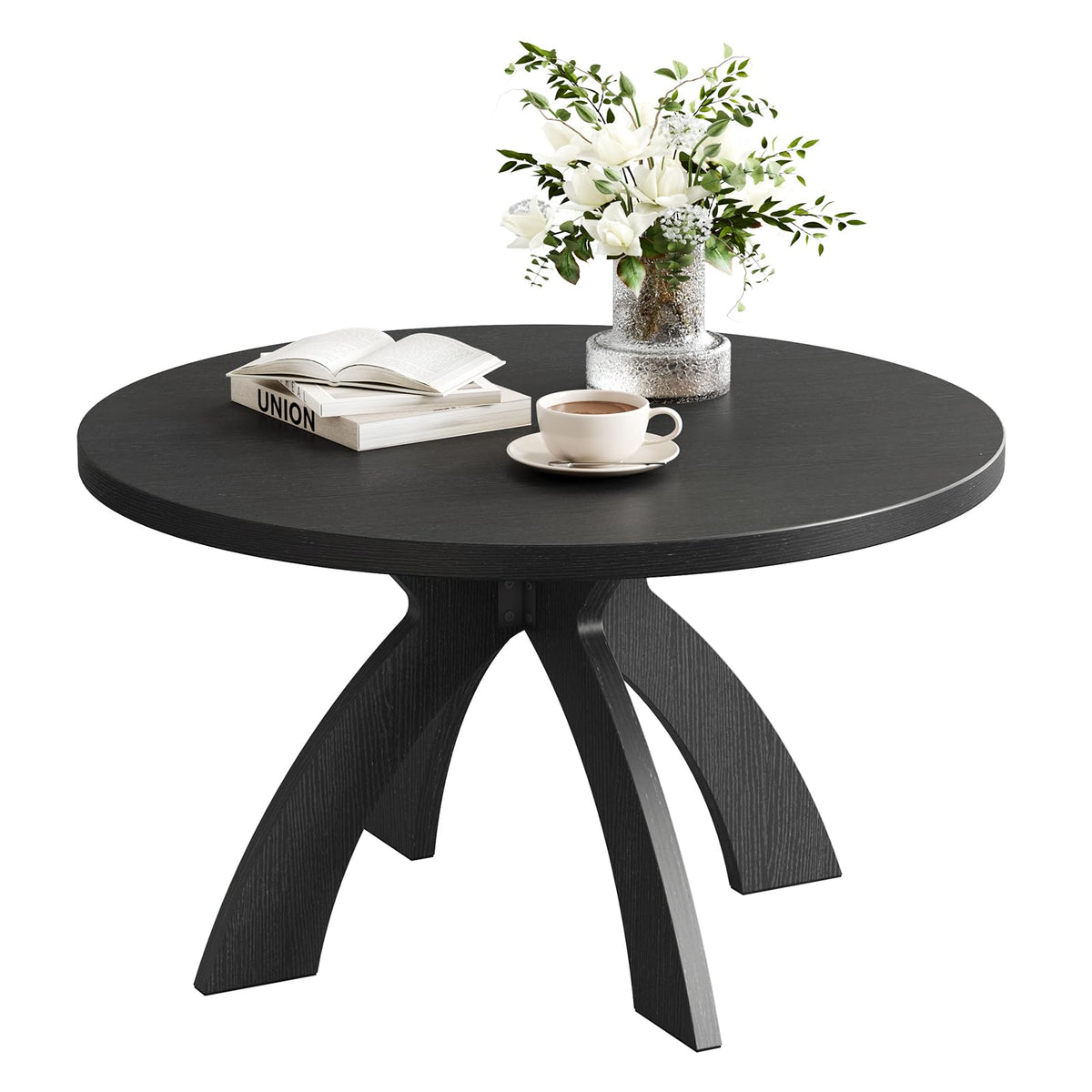 31.5" Round Wood Coffee Table with Cross Legs, Black J6303