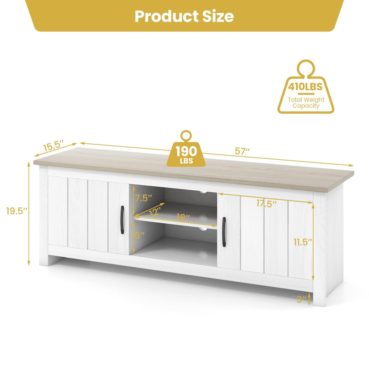 2 Doors TV Stand with 2 Cabinets & Open Shelves C606294