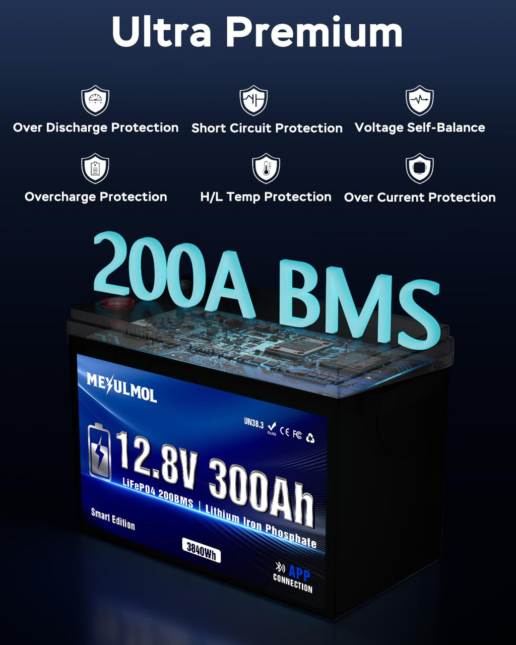 12V 300Ah LiFePO4 Lithium Battery with 200A BMS S70133