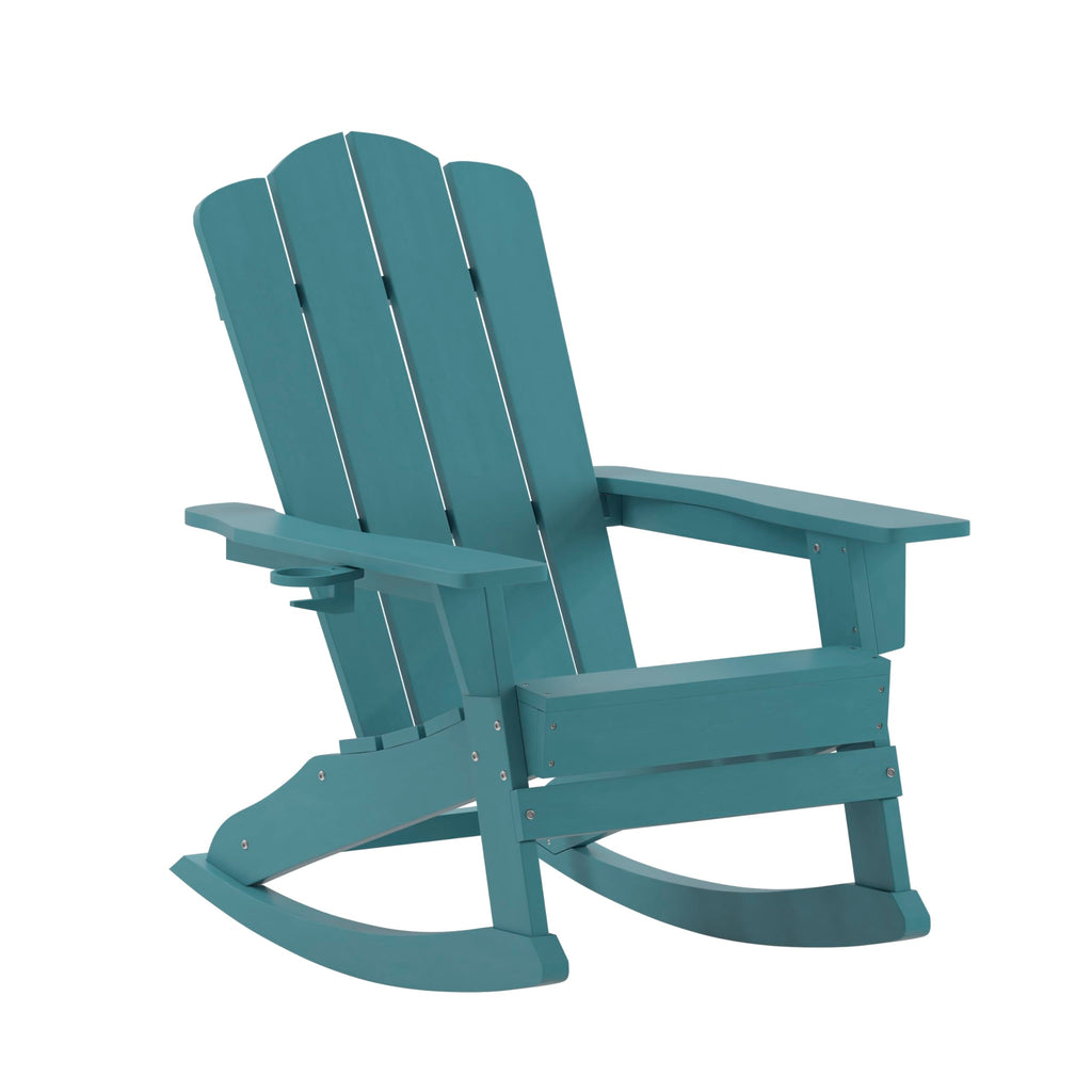 Blue HDPE Adirondack Rocking Chair with Cup Holder J93992