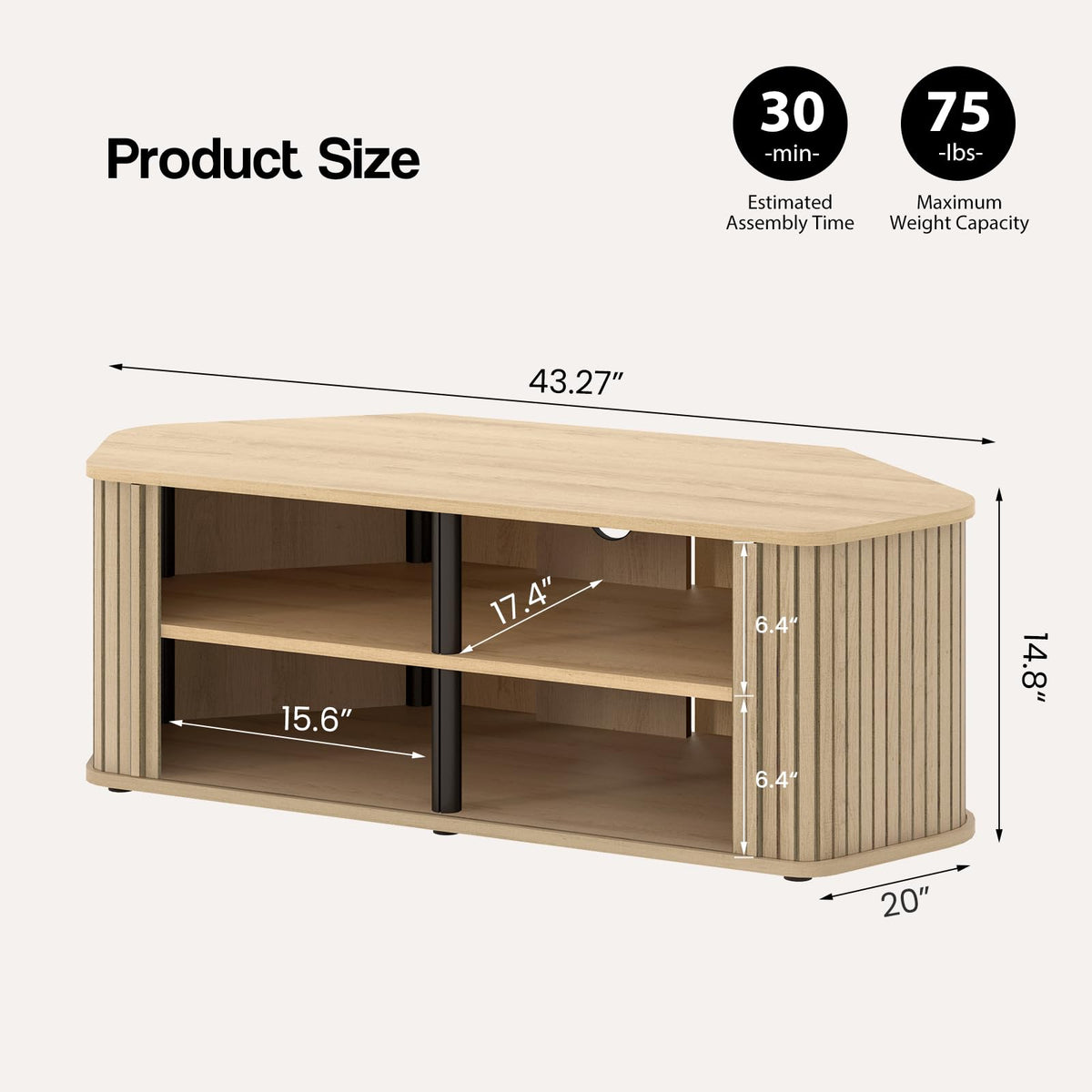 43 Inch Corner TV Stand with Sliding Tambour Door A85284
