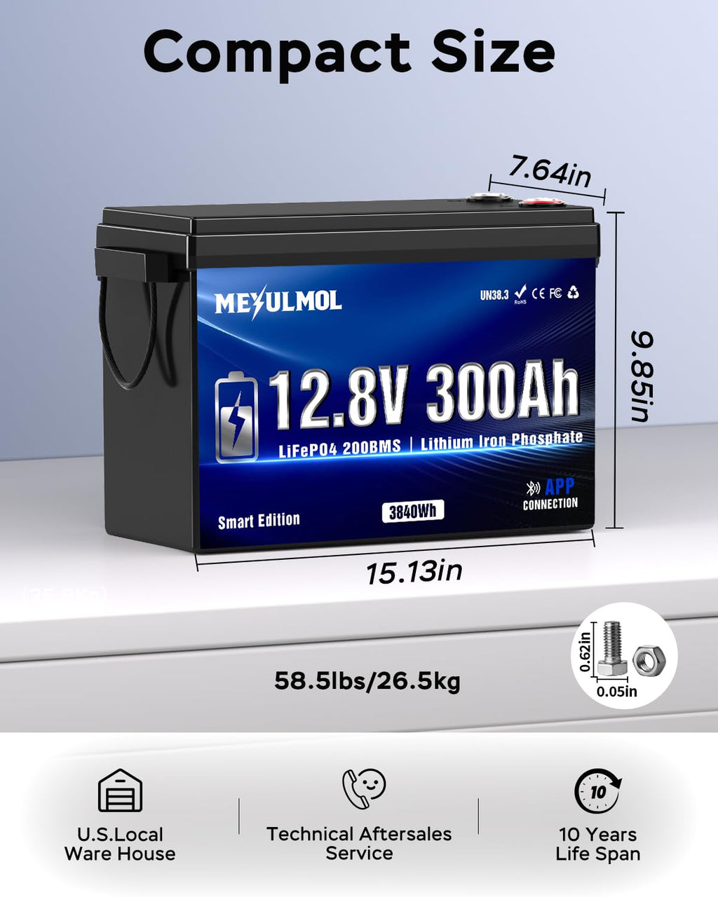 12V 300Ah LiFePO4 Lithium Battery with 200A BMS S70133