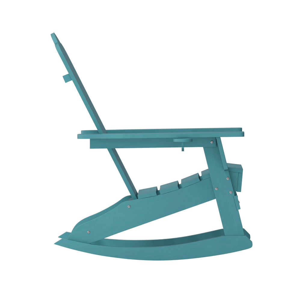Blue HDPE Adirondack Rocking Chair with Cup Holder J93992