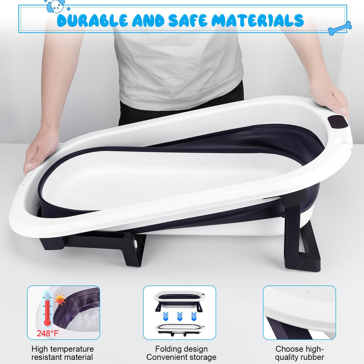 Collapsible Pet Bathtub with Water Drain Plug and Grooming Brush I15160