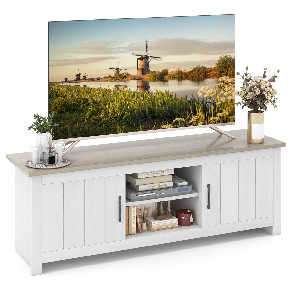 2 Doors TV Stand with 2 Cabinets & Open Shelves C606294