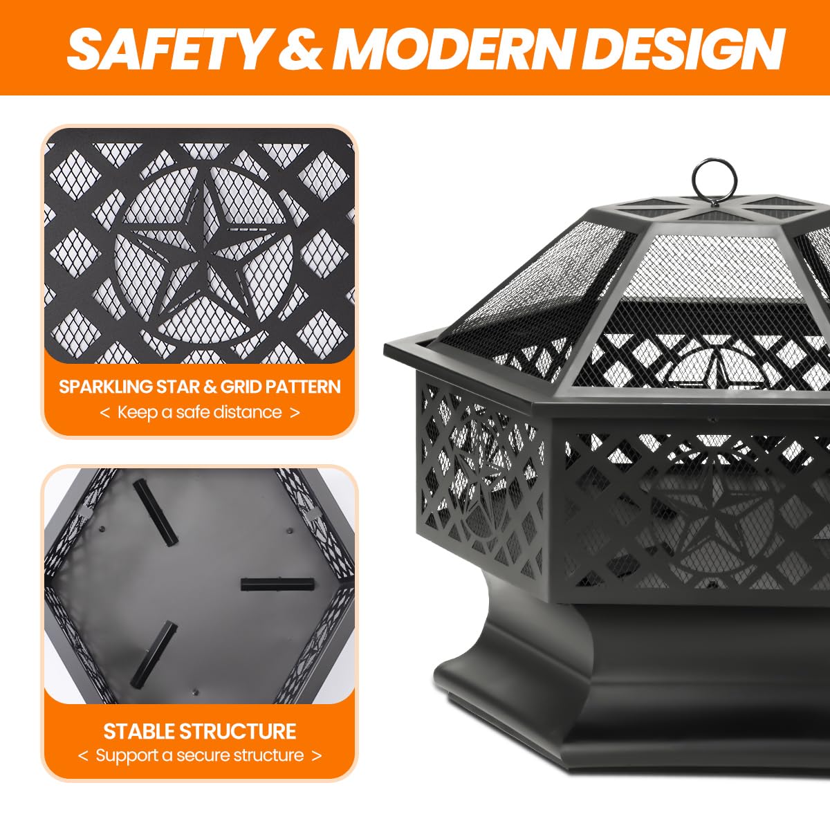 28 Inch Hexagonal Fire Pit with Spark Screen & Fire Poker Black I58797