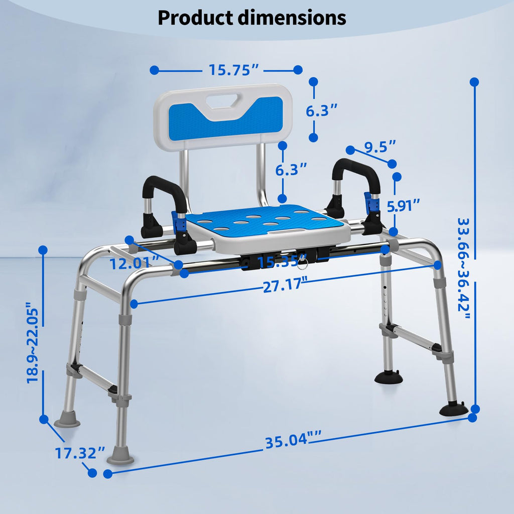 Sliding Shower Chair with Arms and Back, 500lbs Non Slip Aluminum Adjustable Height A858
