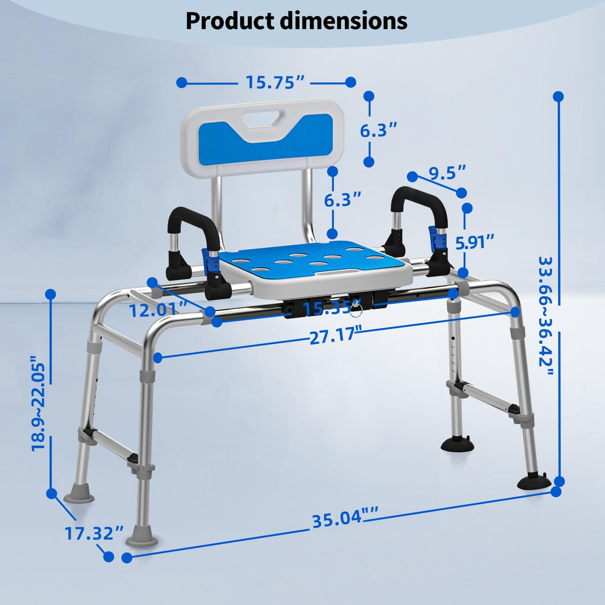 Sliding Shower Chair with Arms and Back, 500lbs Non Slip Aluminum Adjustable Height A858