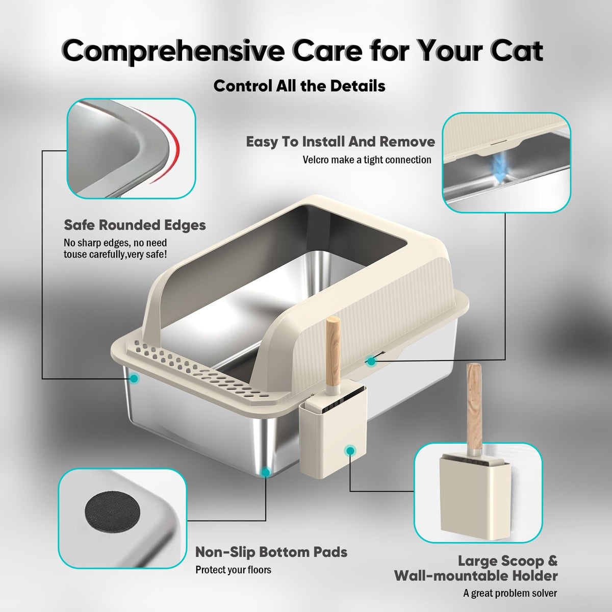 XL Stainless Steel Enclosed Cat Litter Box with Lid, Scoop and Mat P2217