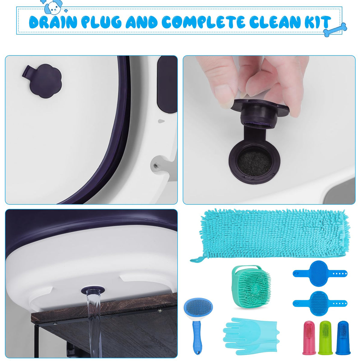 Collapsible Pet Bathtub with Water Drain Plug and Grooming Brush I15160