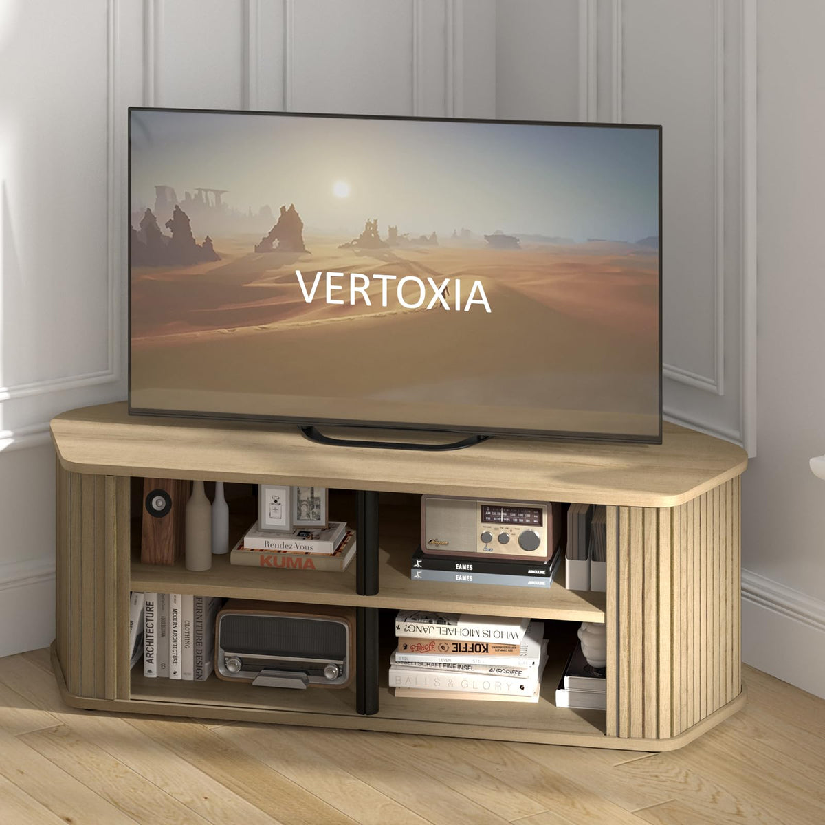 43 Inch Corner TV Stand with Sliding Tambour Door A85284