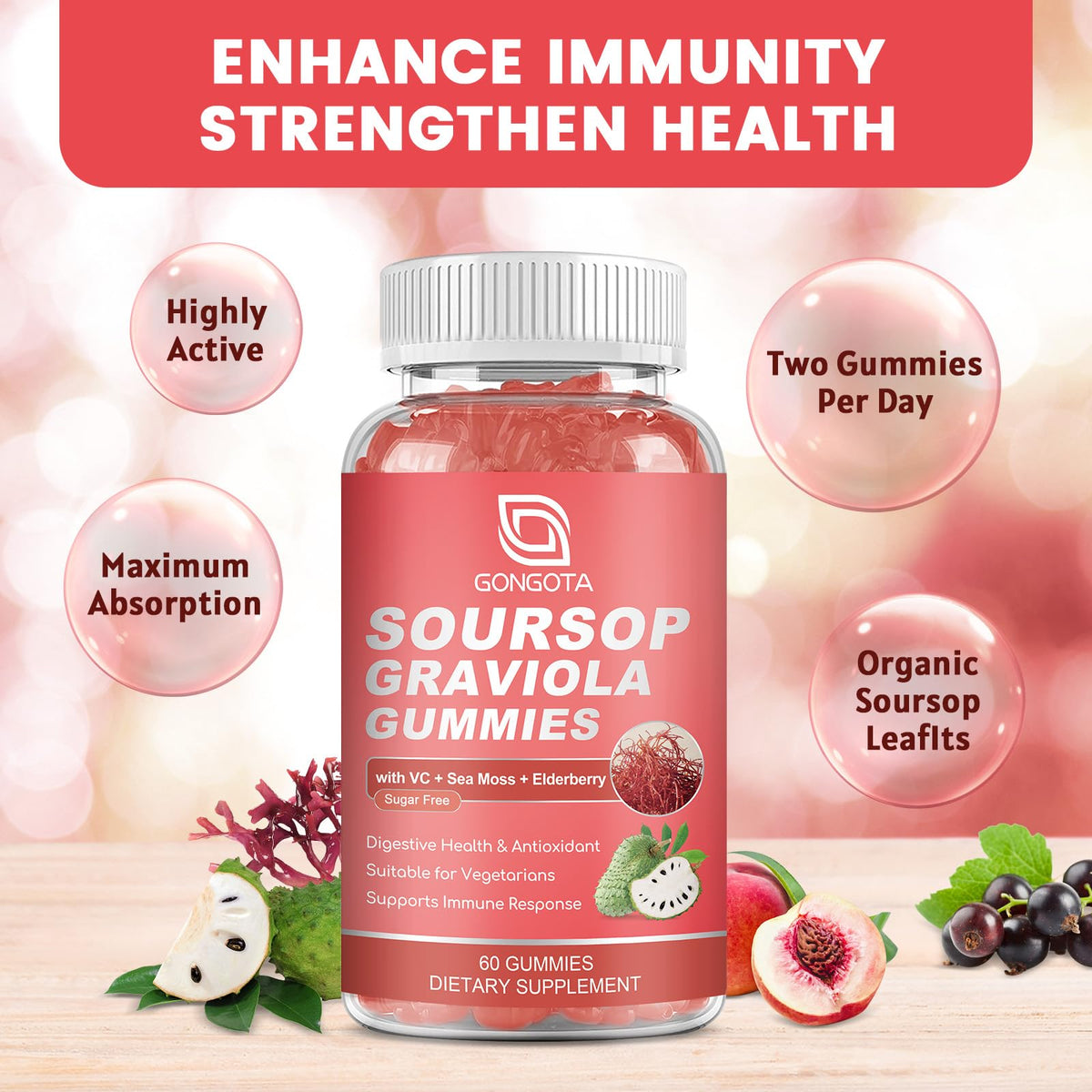 Soursop Graviola Gummies 2200mg Elderberry Sea Moss 60 Gummies G7389