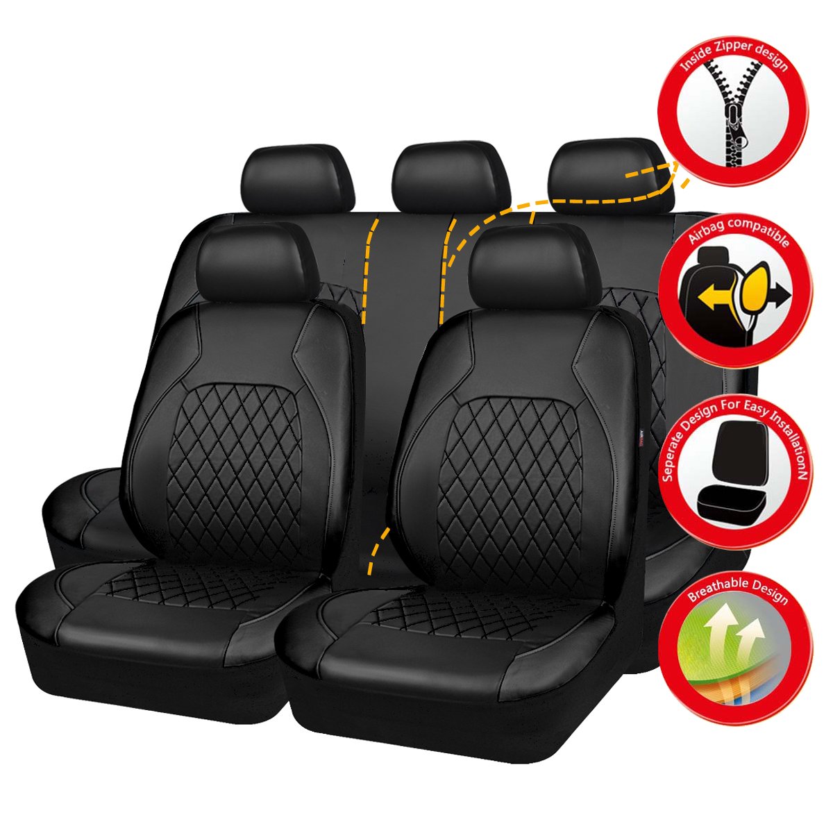 Faux Leather Car Seat Covers Full Set, Airbag Compatible, Breathable, All Black Q884133