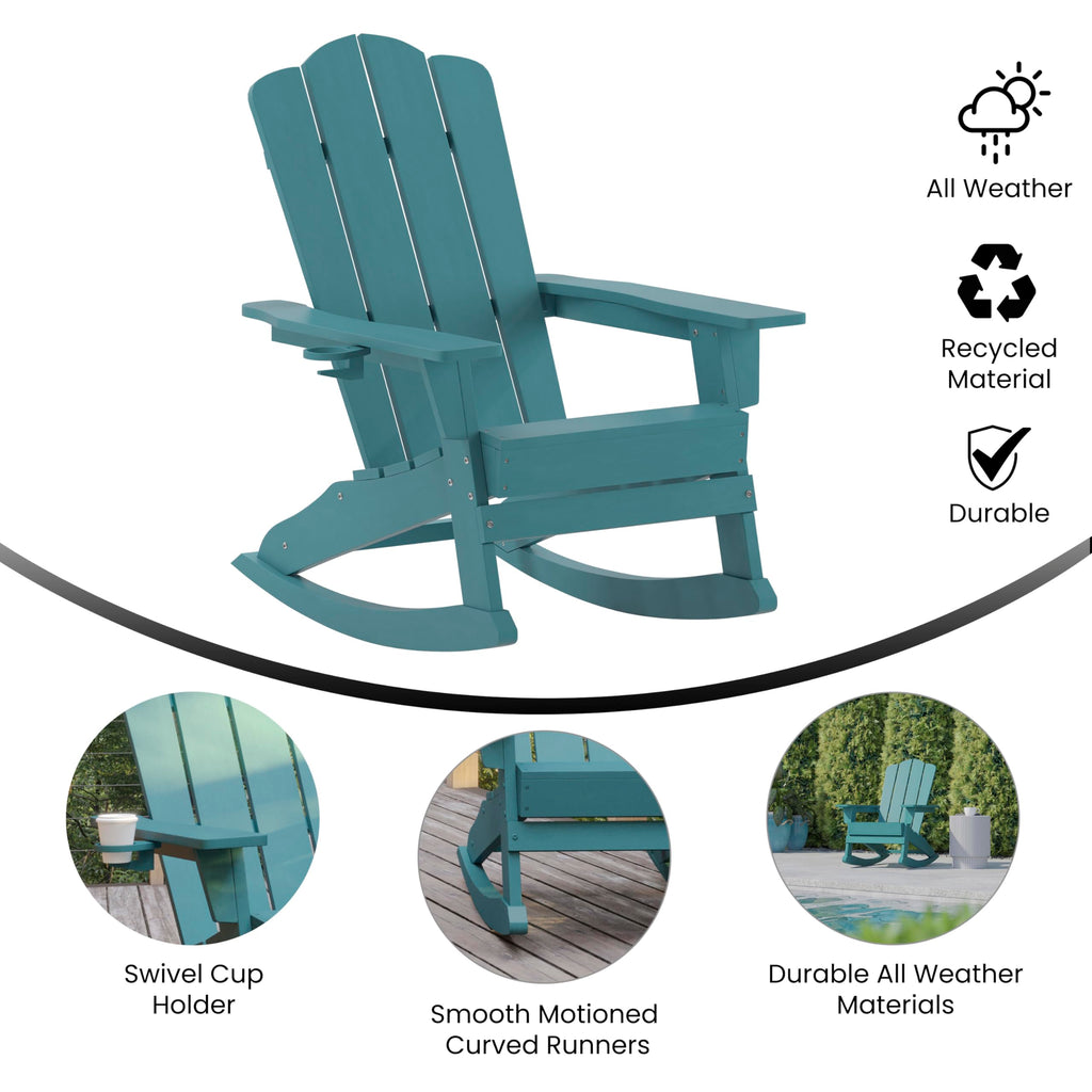 Blue HDPE Adirondack Rocking Chair with Cup Holder J93992