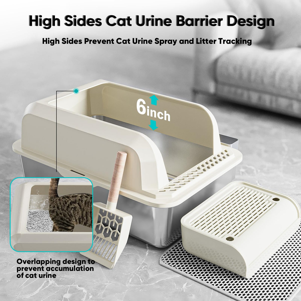 XL Stainless Steel Enclosed Cat Litter Box with Lid, Scoop and Mat P2217