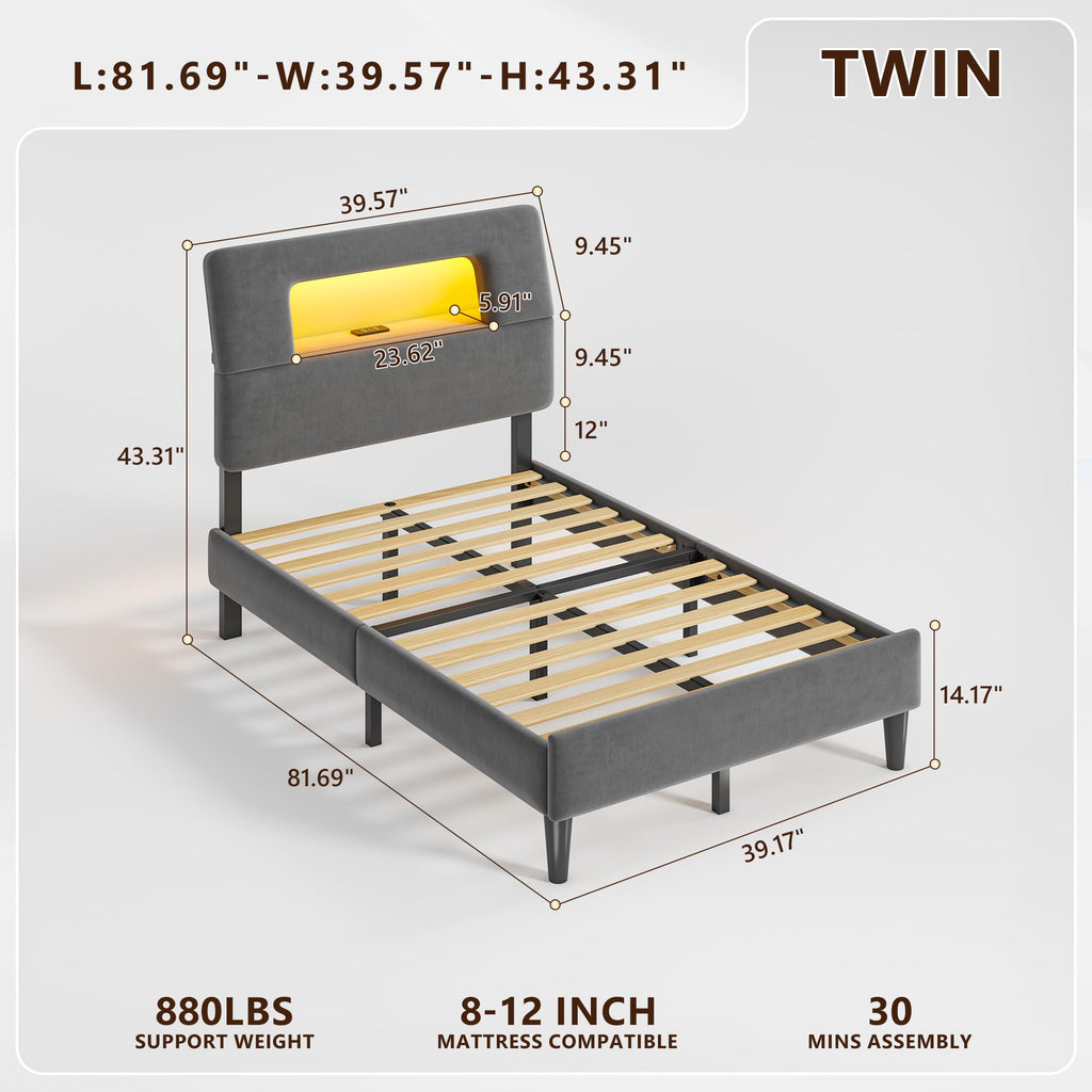 Twin Upholstered Bed Frame with Storage Headboard Q738