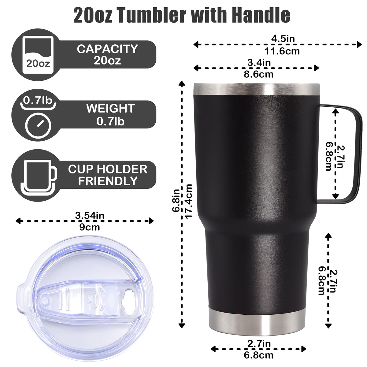 20 oz Black Tumbler with Handle and Lid F9127