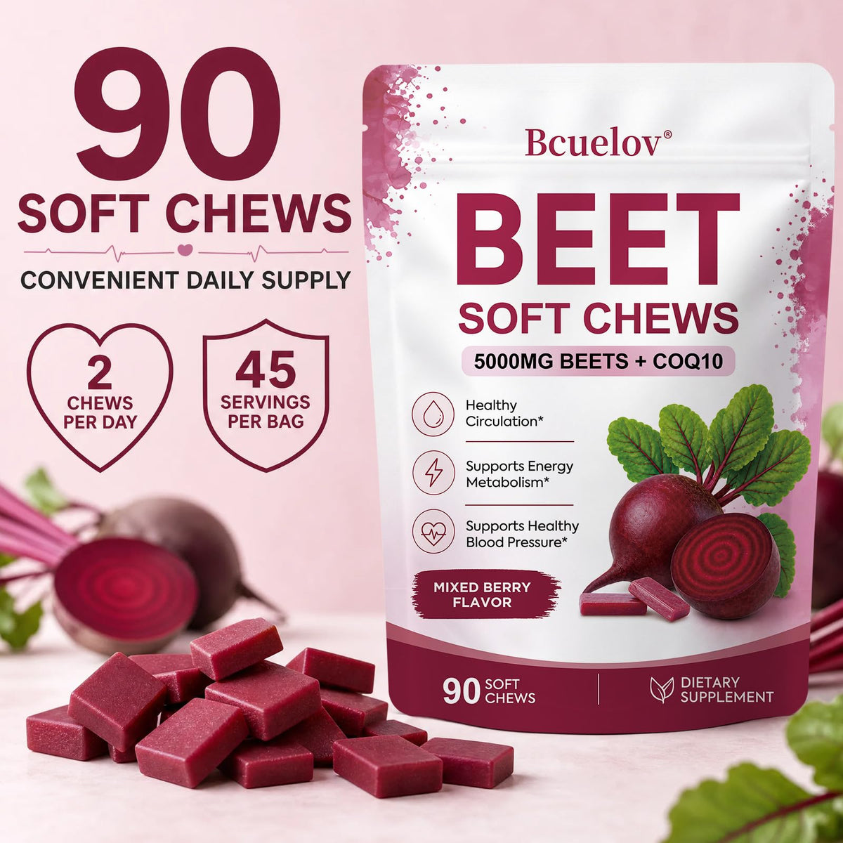 Beet Root Chews with CoQ10, Mixed Berry, 90 Ct X783119