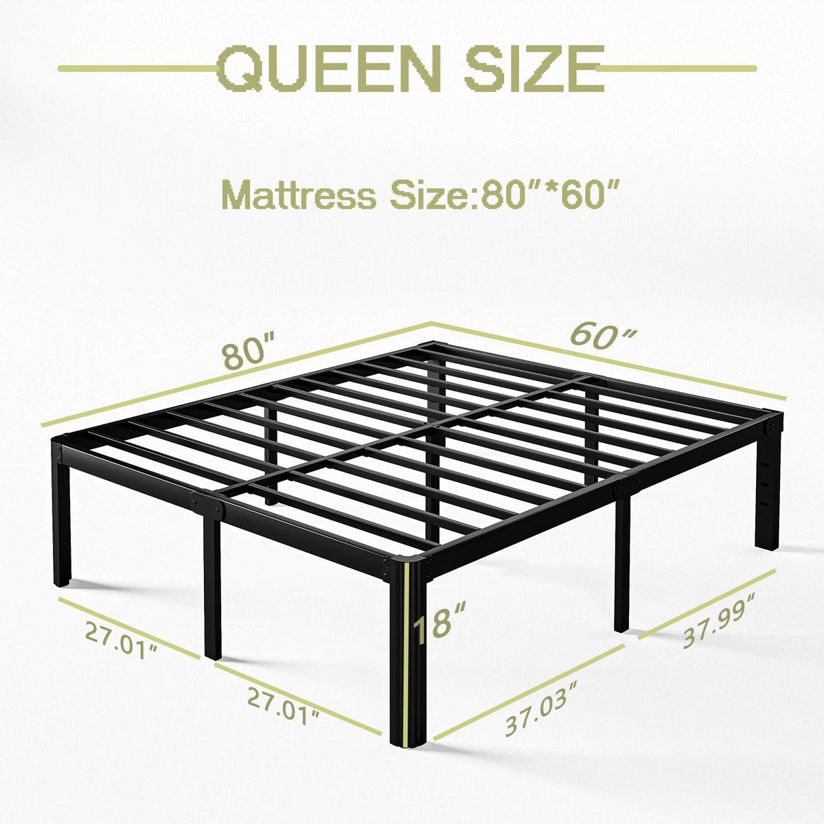 18 Inch High Queen Size Metal Platform Bed Frame Black S576