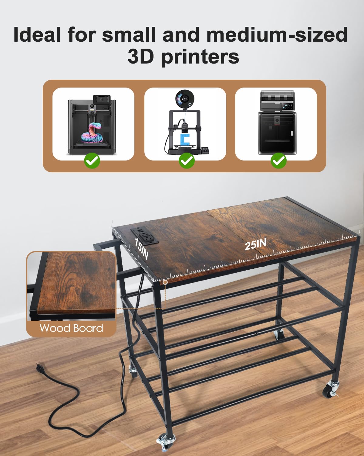 Heavy Duty Rolling 3D Printer Stand with Filament Storage U8504