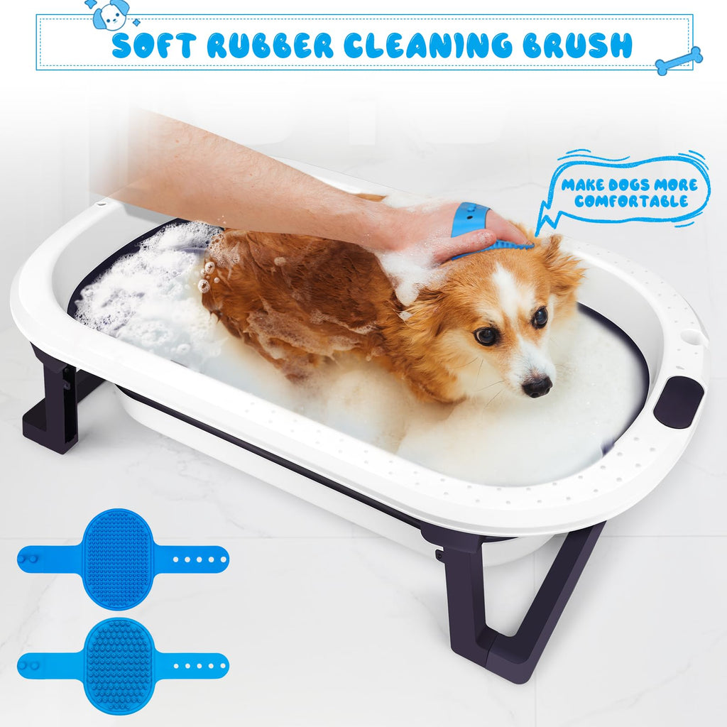 Collapsible Pet Bathtub with Water Drain Plug and Grooming Brush I15160