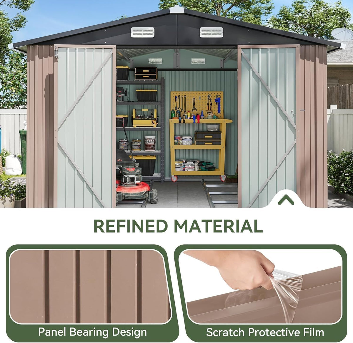 10x12 FT Galvanized Steel Outdoor Storage Shed with Base, Brown H231254