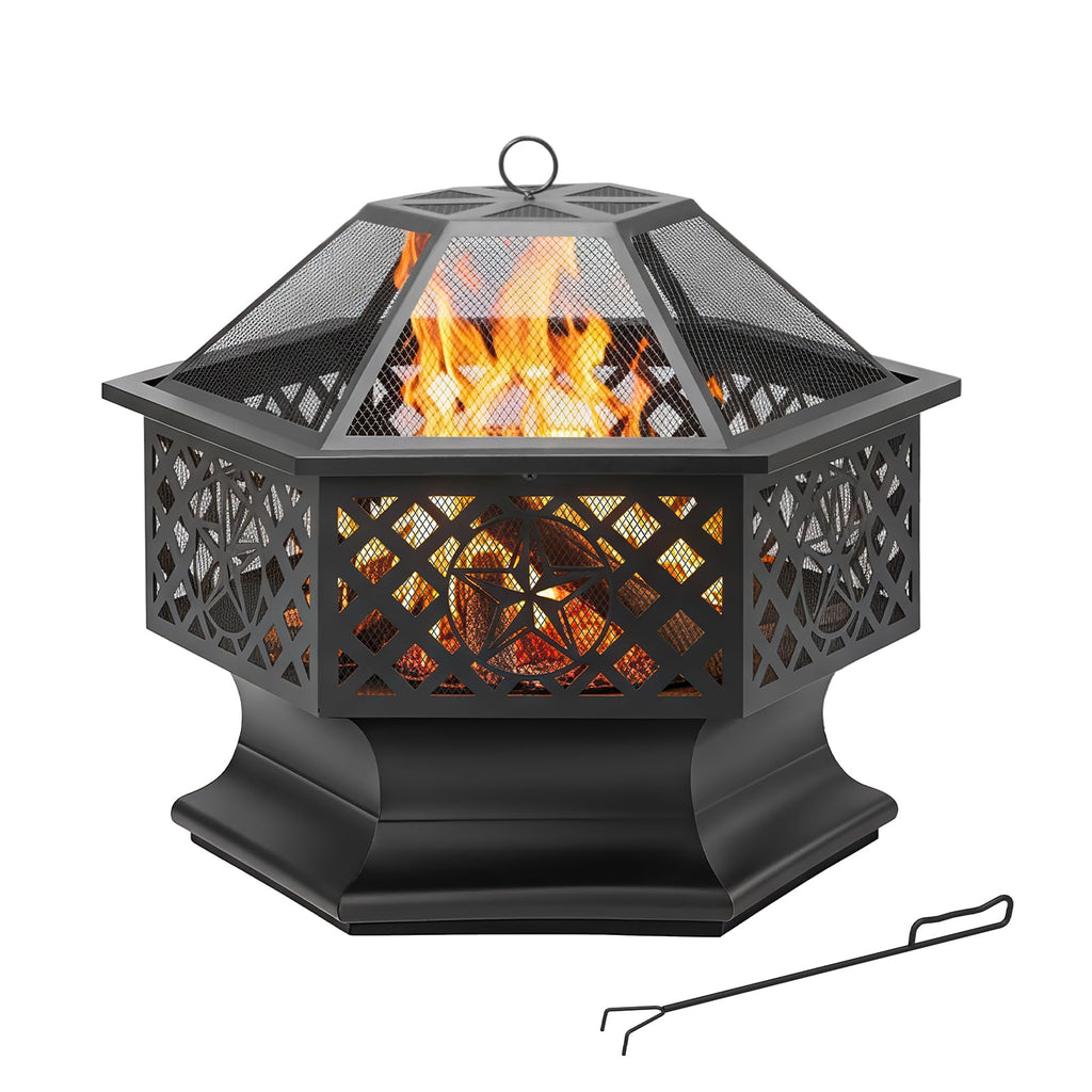 28 Inch Hexagonal Fire Pit with Spark Screen & Fire Poker Black I58797