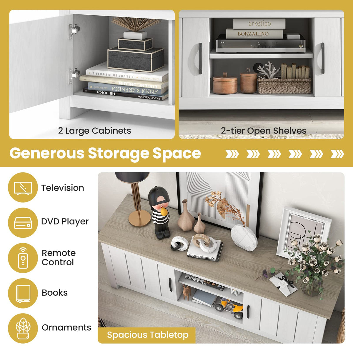 2 Doors TV Stand with 2 Cabinets & Open Shelves C606294