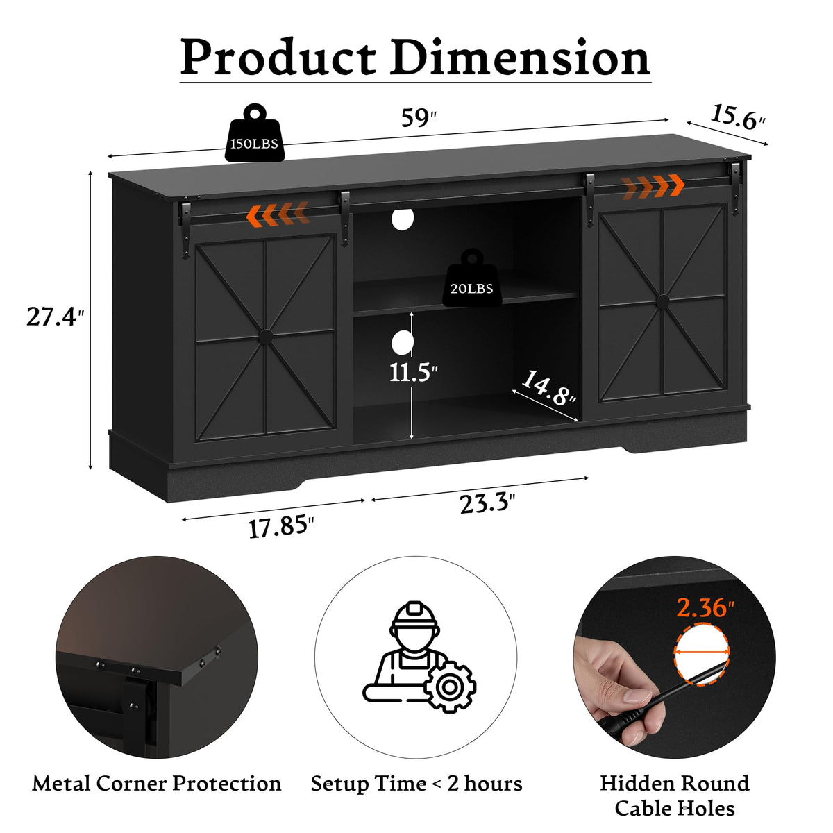 Black TV Stand with Sliding Barn Doors G9812