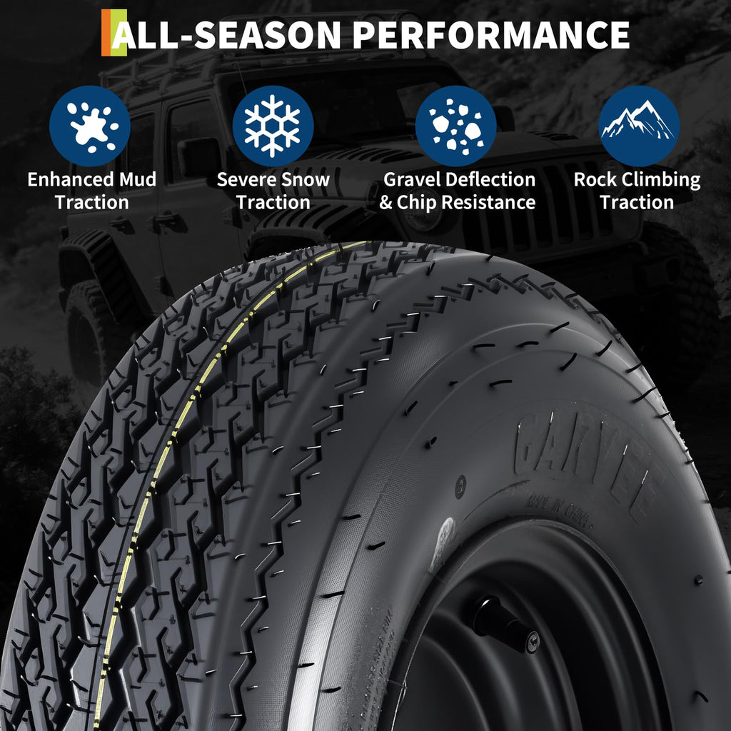 Set of 2 5.30-12 Trailer Tires with 12" Black Rims, 4 Lug on 4" Bolt Pattern, Load Range C 6PR N849711