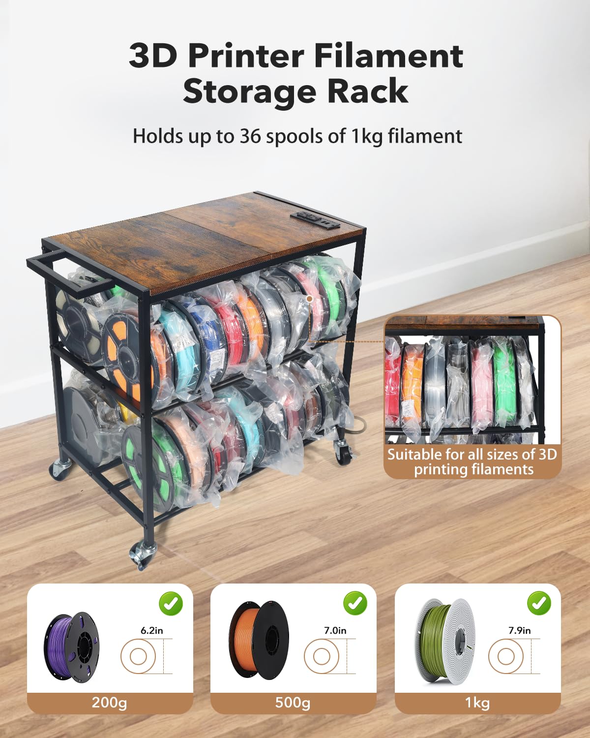 Heavy Duty Rolling 3D Printer Stand with Filament Storage U8504