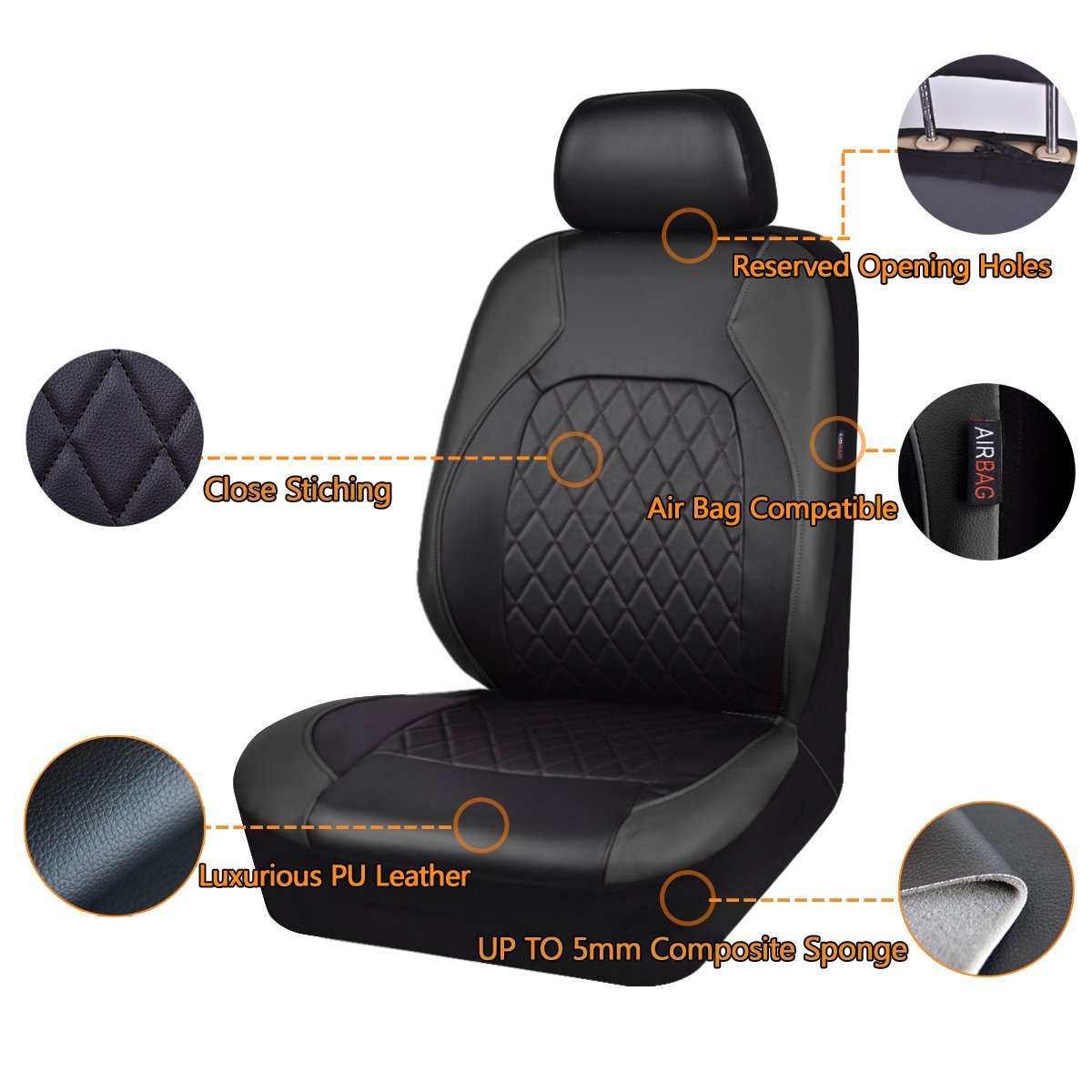 Faux Leather Car Seat Covers Full Set, Airbag Compatible, Breathable, All Black Q884133