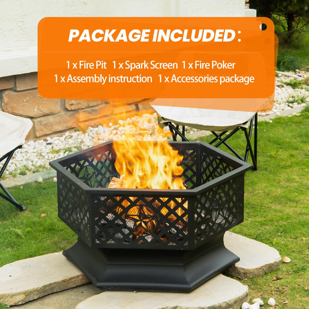 28 Inch Hexagonal Fire Pit with Spark Screen & Fire Poker Black I58797