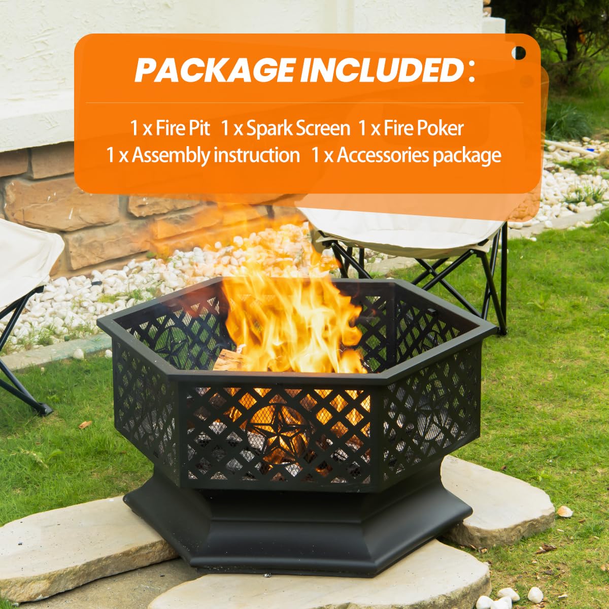 28 Inch Hexagonal Fire Pit with Spark Screen & Fire Poker Black I58797