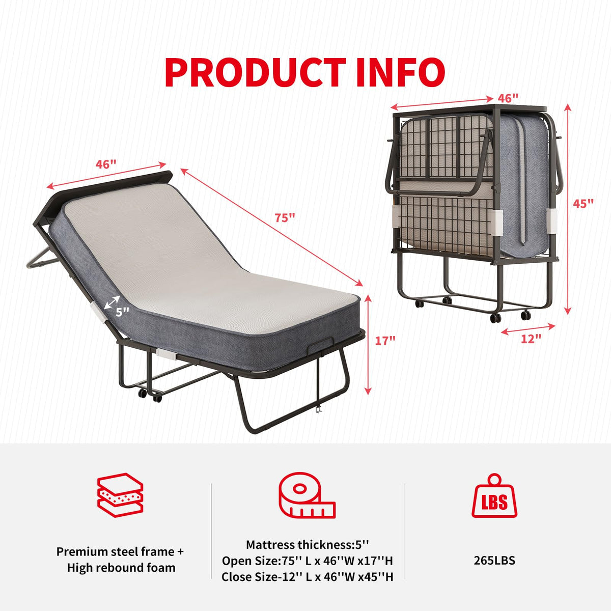 Folding Bed with 5" Memory Foam Mattress and 4 Lockable Wheels I92829