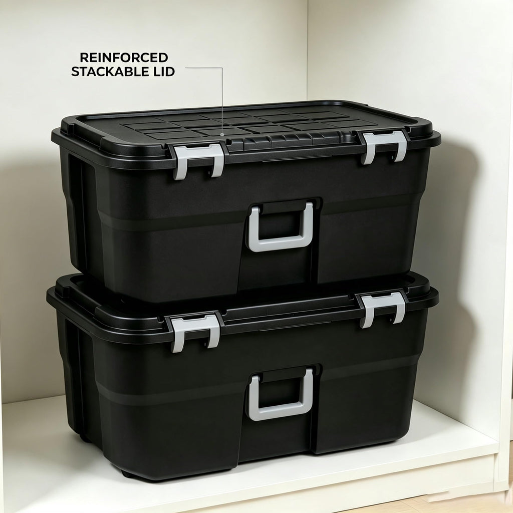 2 Pack 22 Gallon Black Wheeled Lockable Plastic Storage Trunk D236