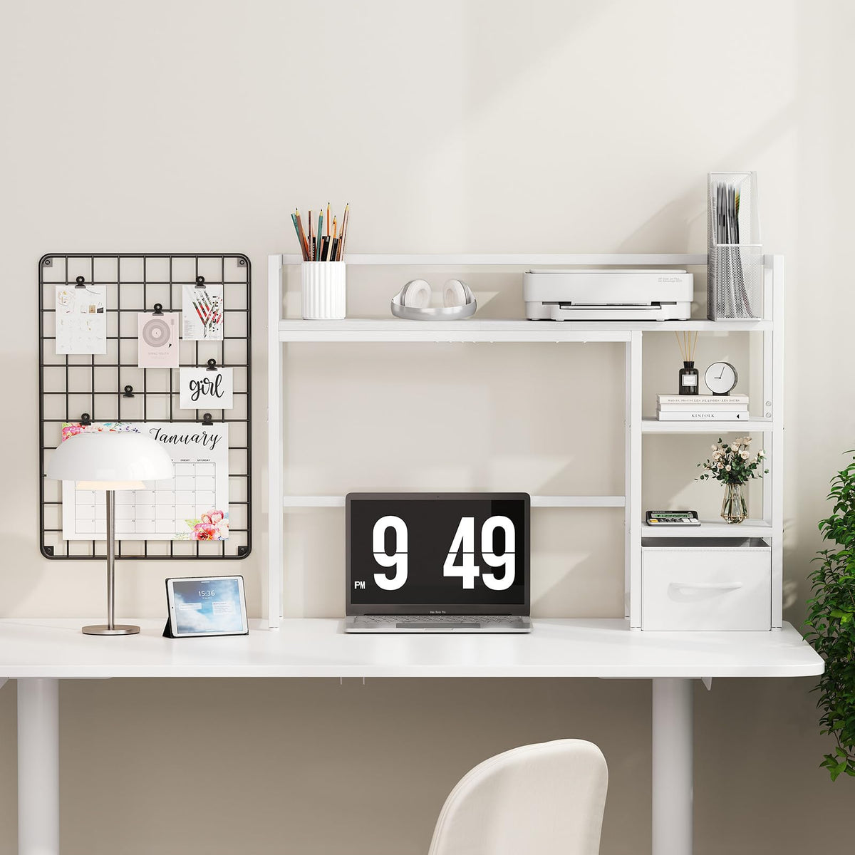 White Wood Desk Shelf with Drawer D27013