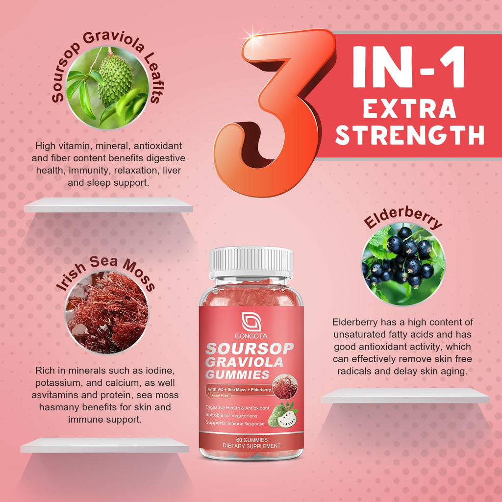 Soursop Graviola Gummies 2200mg Elderberry Sea Moss 60 Gummies G7389