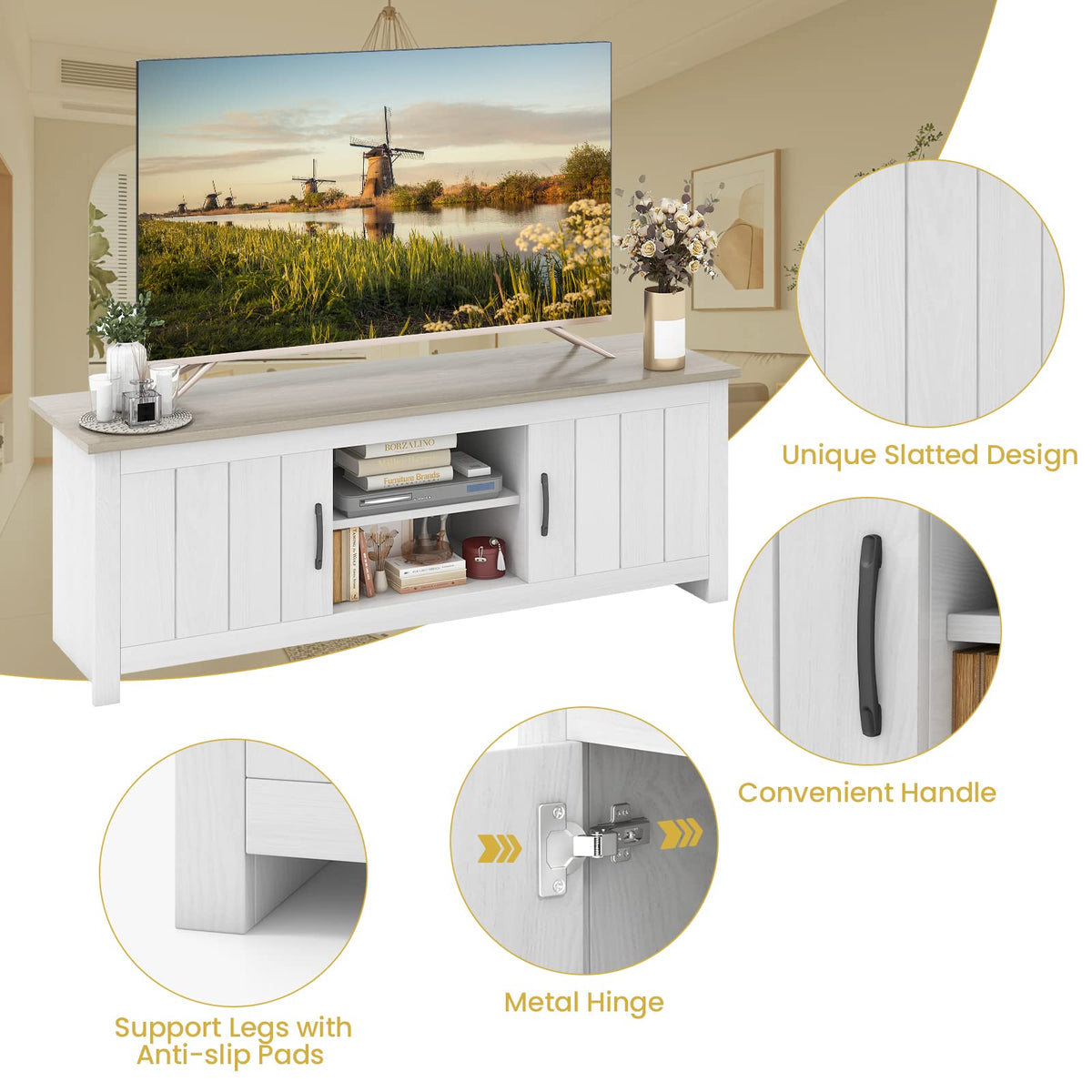2 Doors TV Stand with 2 Cabinets & Open Shelves C606294