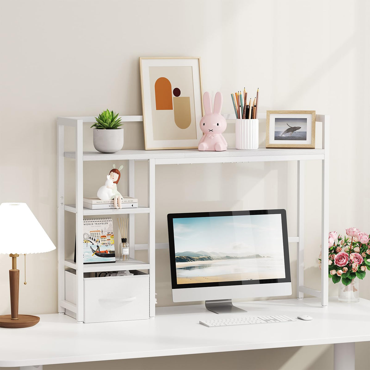 White Wood Desk Shelf with Drawer D27013