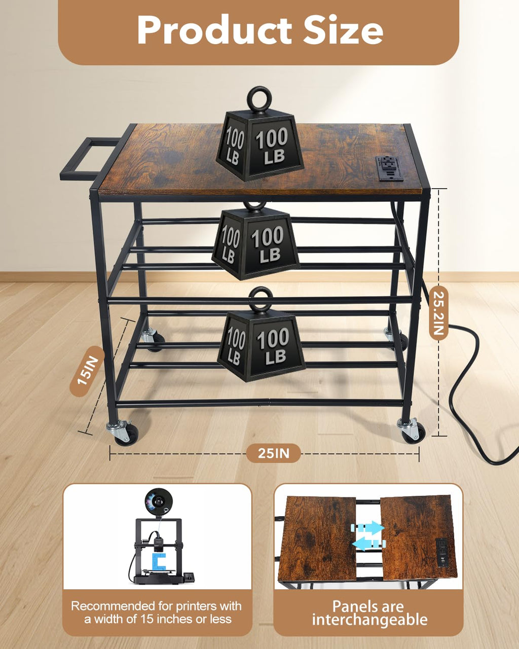 Heavy Duty Rolling 3D Printer Stand with Filament Storage U8504