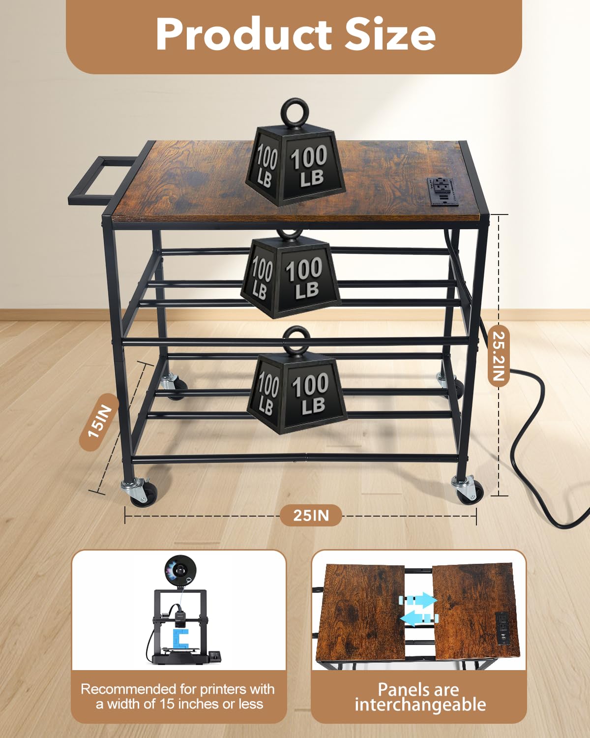 Heavy Duty Rolling 3D Printer Stand with Filament Storage U8504