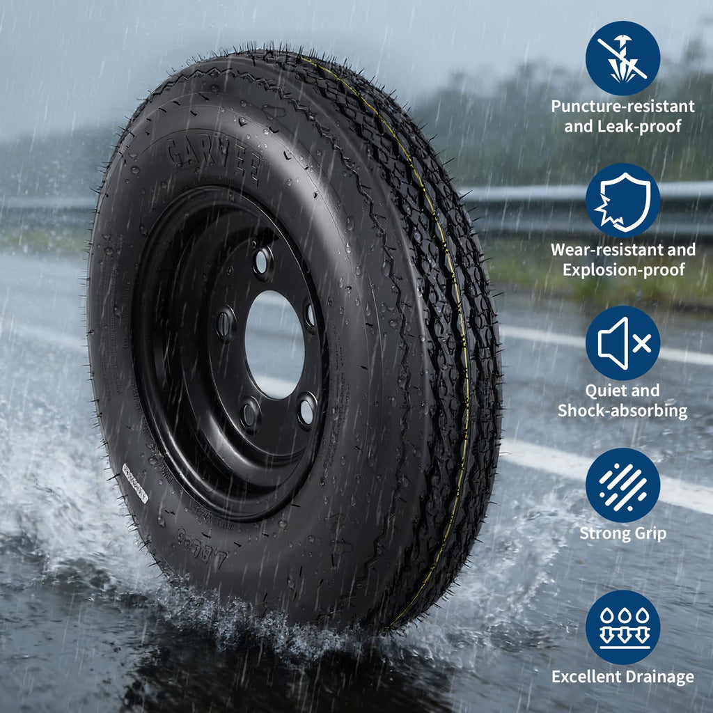 Set of 2 5.30-12 Trailer Tires with 12" Black Rims, 4 Lug on 4" Bolt Pattern, Load Range C 6PR N849711