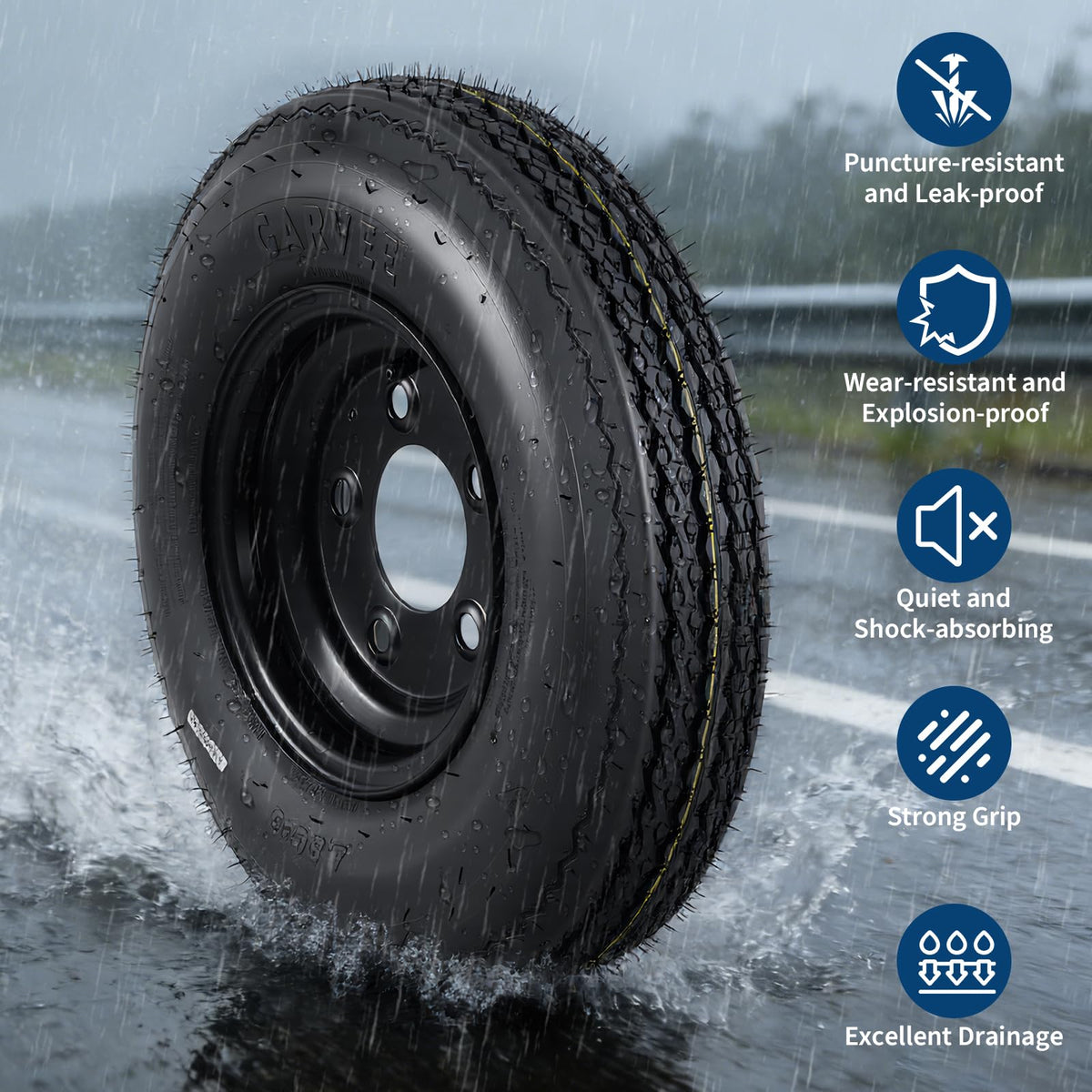 Set of 2 5.30-12 Trailer Tires with 12" Black Rims, 4 Lug on 4" Bolt Pattern, Load Range C 6PR N849711