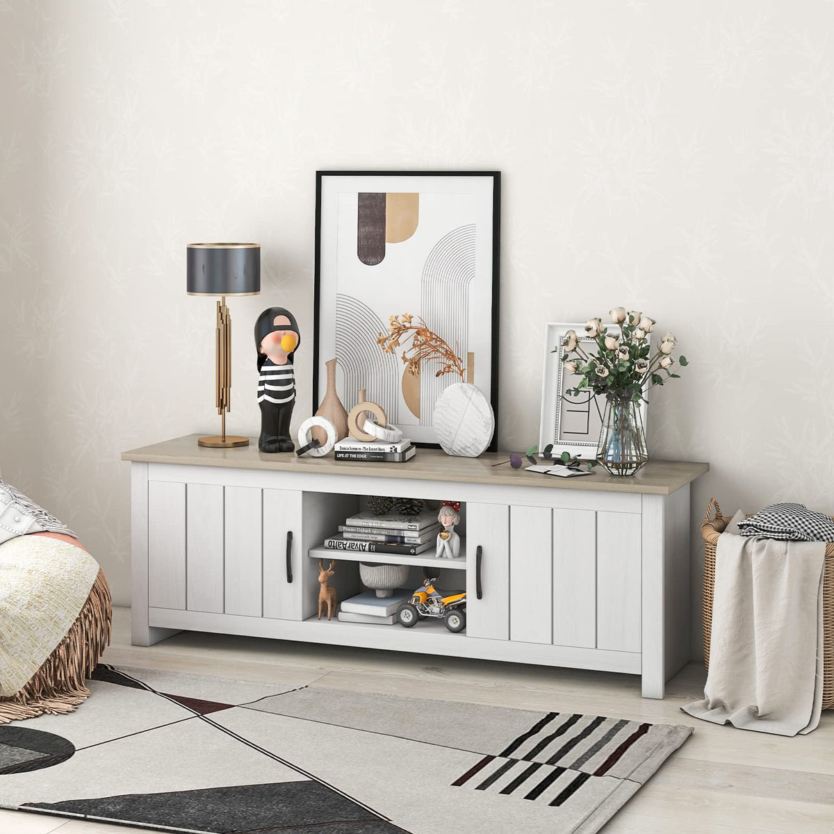 2 Doors TV Stand with 2 Cabinets & Open Shelves C606294