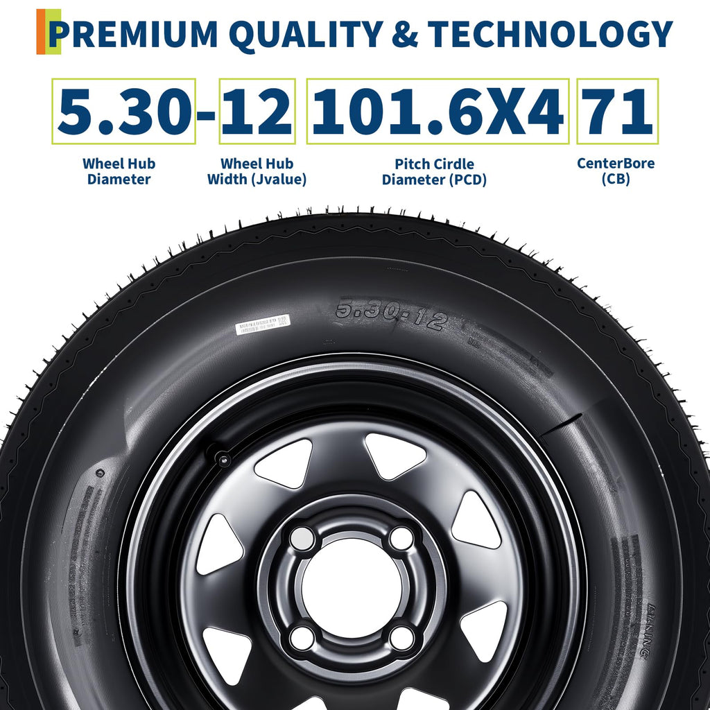 Set of 2 5.30-12 Trailer Tires with 12" Black Rims, 4 Lug on 4" Bolt Pattern, Load Range C 6PR N849711