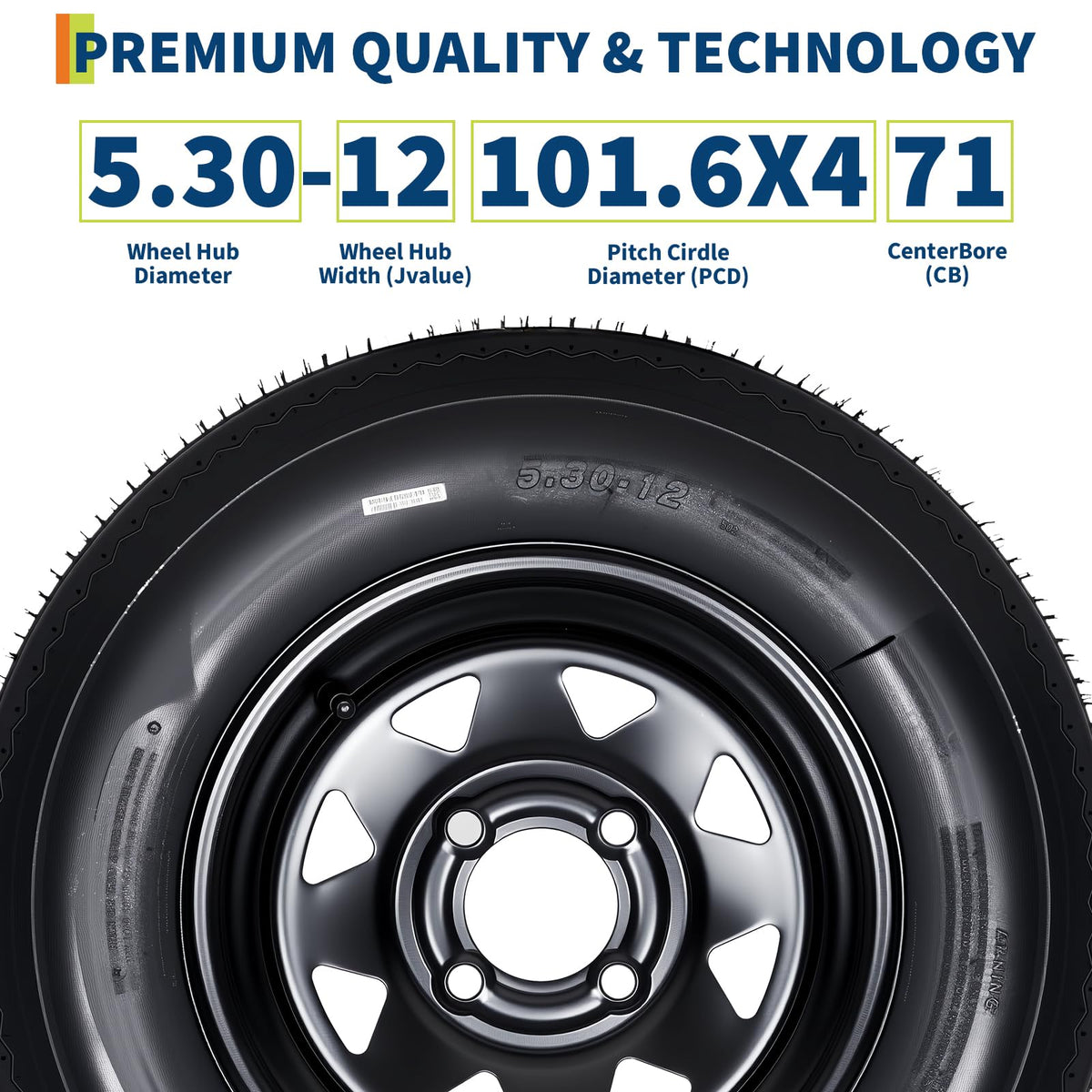 Set of 2 5.30-12 Trailer Tires with 12" Black Rims, 4 Lug on 4" Bolt Pattern, Load Range C 6PR N849711