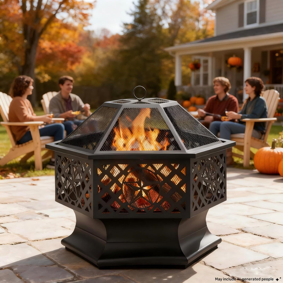 28 Inch Hexagonal Fire Pit with Spark Screen & Fire Poker Black I58797