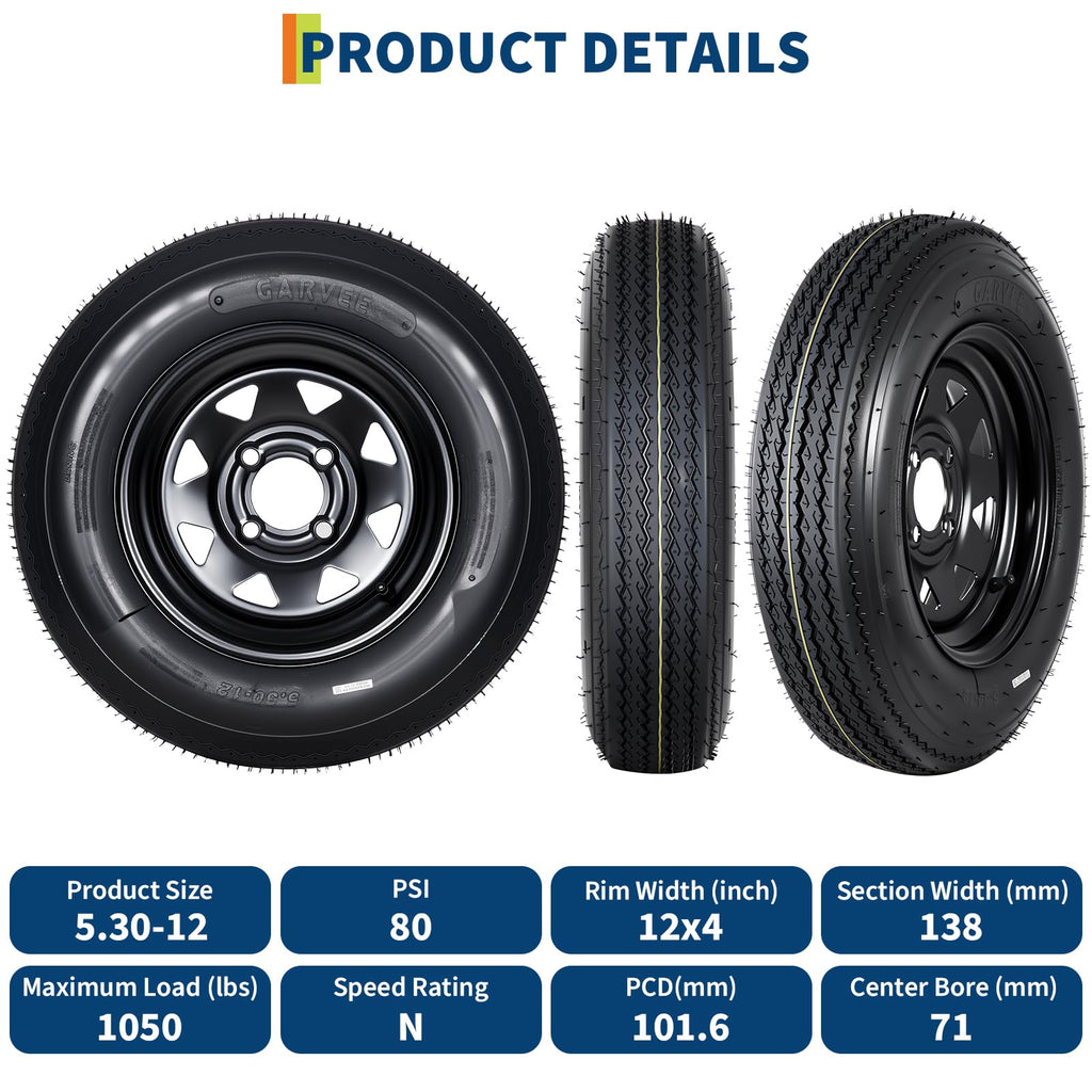 Set of 2 5.30-12 Trailer Tires with 12" Black Rims, 4 Lug on 4" Bolt Pattern, Load Range C 6PR N849711