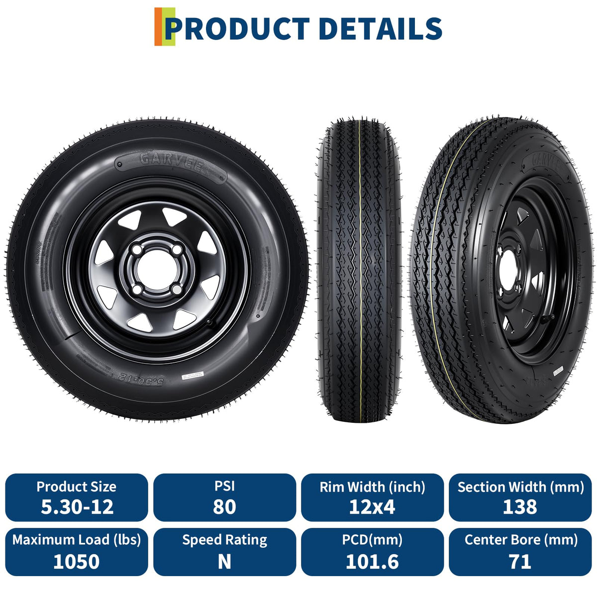 Set of 2 5.30-12 Trailer Tires with 12" Black Rims, 4 Lug on 4" Bolt Pattern, Load Range C 6PR N849711